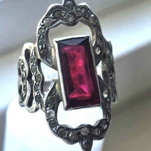Vintage Sterling Silver Ruby Red Glass Stone and Round Rhinestone Ring US Size 3 3/4 - 4