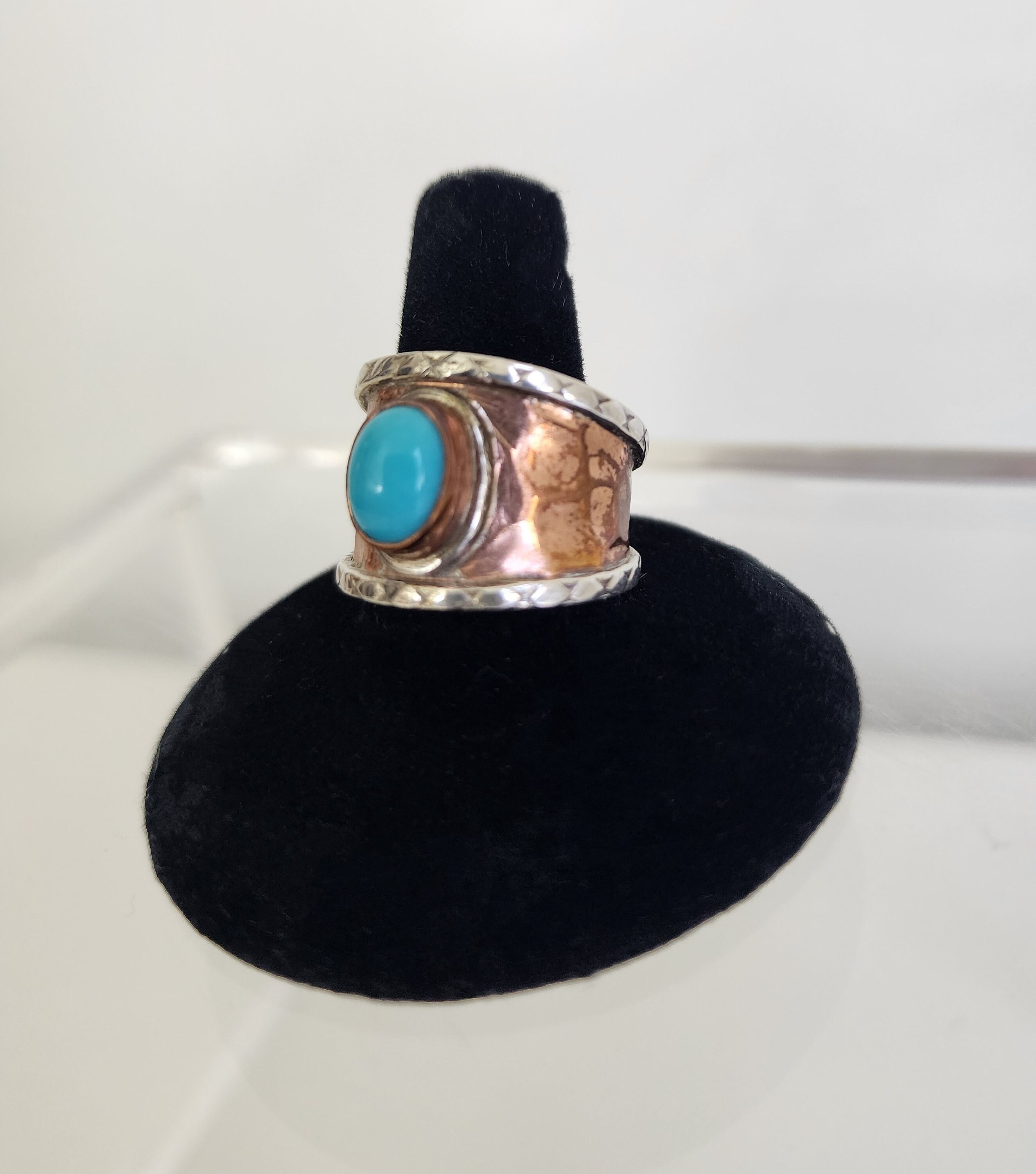 Vintage Oval Turquoise Gemstone Ring Wide Hammered Copper Vintage Oval Turquoise Gemstone Ring Wide Hammered Copper