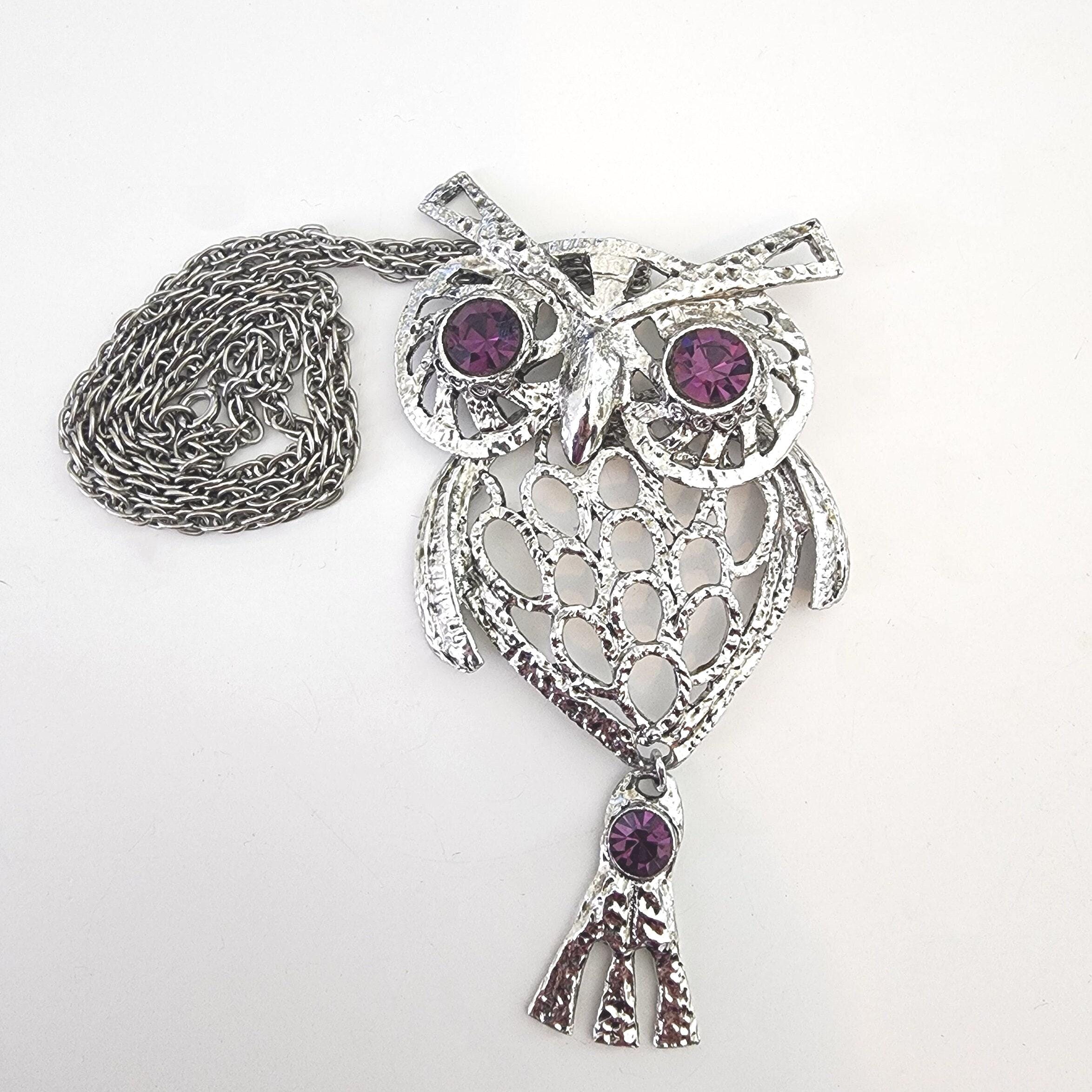Open Work Articulated Owl Pendant Necklace: Purple Rhinestone Eyes and Tail