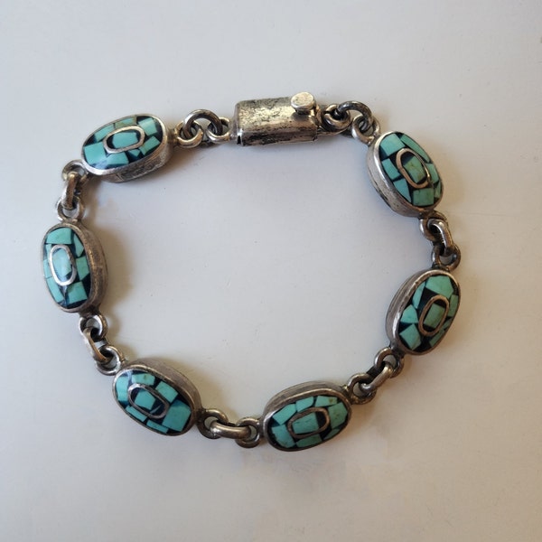 Vintage Marked "925 MEX" Handcrafted Inlay Crushed Turquoise Chips Sterling Silver Chain Link Bracelet from Mexico