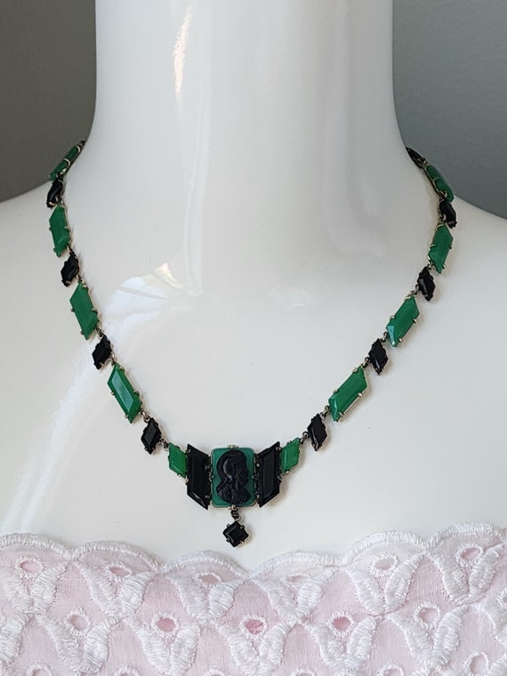 Antique Art Deco Green and Black Faceted Glass Li… - image 4