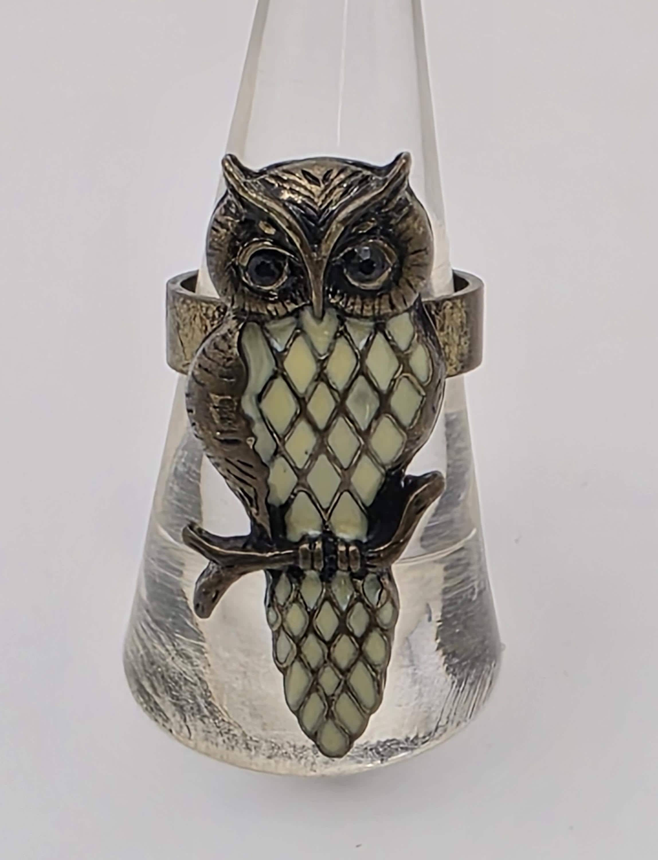 Vintage Long Owl Ring: Long Bronze Creamy Beige Enamel US Size 7 1/2