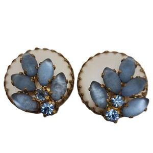 May include: A pair of white and blue clip-on earrings with a floral design. The earrings have a white base with a cluster of blue flower-shaped stones.