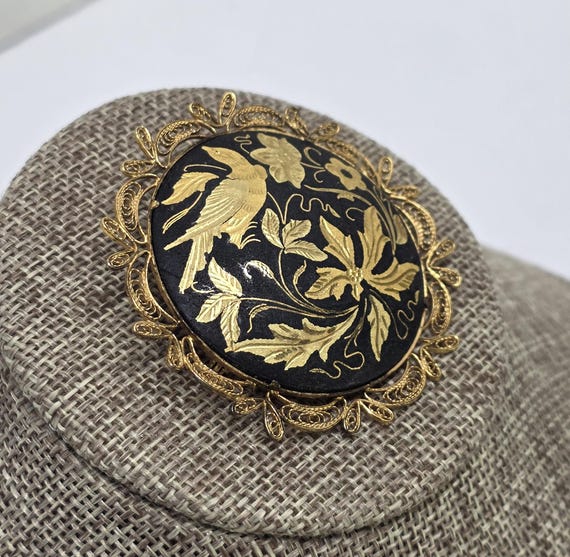 Vintage Spanish Damascene Brooch: Bird and Floral Design