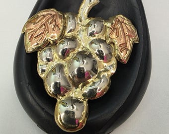 Vintage Large Lightweight Pressed Silver Metal Grape Cluster Copper Leaves Gold Outline Brooch Pendant  Hallmark S Fashion Costume Jewelry