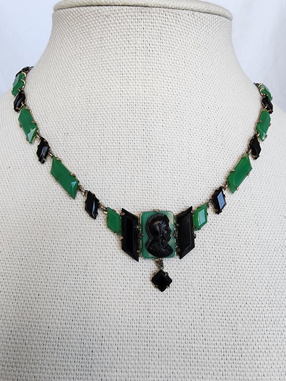 Antique Art Deco Green and Black Faceted Glass Li… - image 1