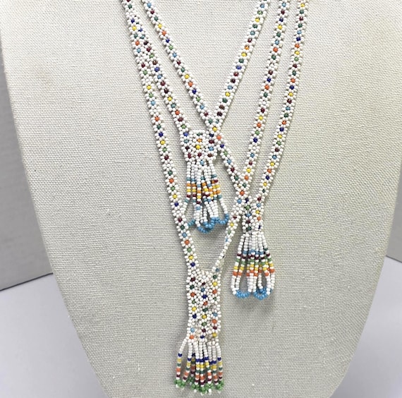 Seed Bead Daisy Chain Tassel Necklaces and Brooch: White & Multi Colored