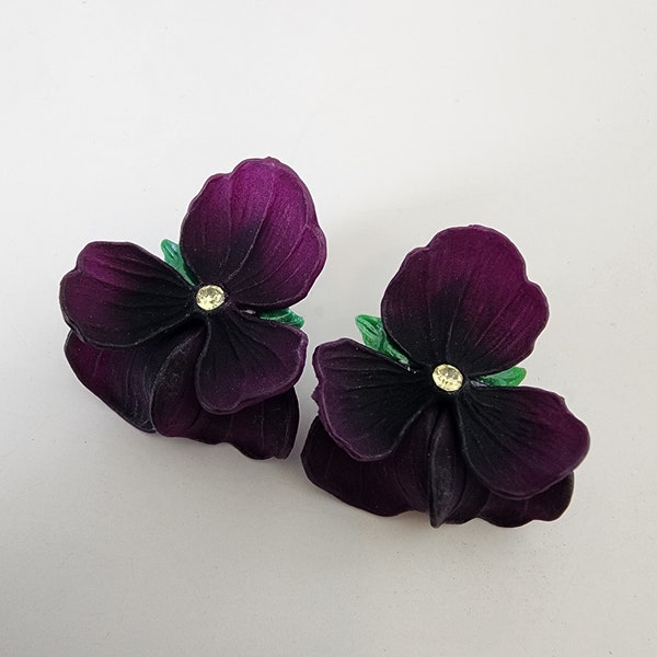 Vintage Signed West Germany Deep Purple Violet Flower Clip On Earrings & Clear Rhinestone Center Lightweight Floral Fashion Costume Jewelry