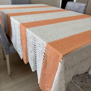 4-Piece Vintage Crochet Lace Set – White Orange Handmade Bedspread or Tablecloth with Runner & Pillow Shams for Rustic Farmhouse Style