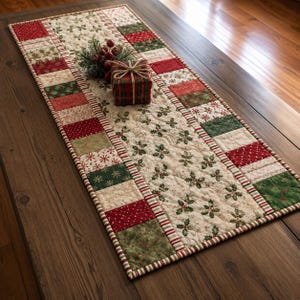 May include: A rectangular quilted table runner featuring a patchwork design of red, green, and cream fabrics with holly, snowflake, and plaid patterns. A small gift box wrapped in red plaid fabric with twine sits on the runner with pine sprigs.