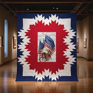 May include: A rectangular quilt featuring a central panel with a bald eagle and two American flags. The design is surrounded by a red and white sawtooth star pattern on a dark blue background, with intricate feather-like quilting stitches throughout.