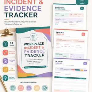 May include: A 24-page workplace incident and evidence tracker workbook featuring a cover with colorful abstract shapes and text. The set includes printable forms for an incident log, evidence register, and timeline, all designed for documentation.