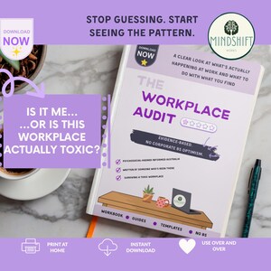 Könnte beinhalten: Ein Arbeitsbuch mit dem Titel The Workplace Audit mit einem hellvioletten Einband und dem Text Stop Guessing. Start Seeing The Pattern. Is It Me... Or Is This Workplace Actually Toxic? A clear look at what's actually happening at work.