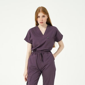 Plum Cargo Pocket Jogger Scrub Set for Women, Flexible Medical Uniform, Nurse & Doctor Uniform, Comfortable Nursing Scrubs