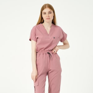 Dusty Rose Cargo Pocket Jogger Scrub Set for Women, Flexible Medical Uniform, Nurse & Doctor Uniform, Comfortable Nursing Scrubs