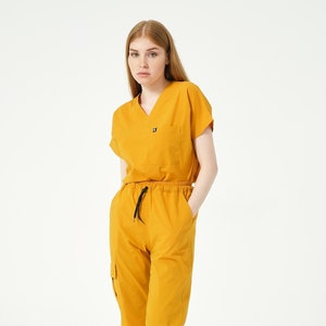 Mustard Cargo Pocket Jogger Scrub Set for Women, Flexible Medical Uniform, Nurse & Doctor Uniform, Comfortable Nursing Scrubs