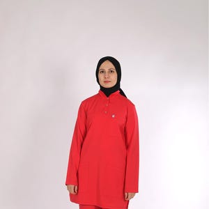 Coral Red Muslim Scrubs Set – 4 Way Stretch Hijab Nurse, Dentist, Veterinarian Uniform