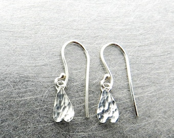 Dainty Silver Earrings, Tiny Heart Drops Dangle Earrings, Simple Tiny Earrings, Understated Sparkle, Small Chic Jewelry, Gift for Her