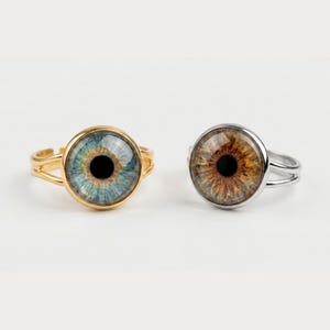 Puede incluir: Dos anillos ajustables con diseños de ojos. Uno tiene una banda dorada y un ojo azul y verde, el otro una banda plateada y un ojo marrón y beige. Ambos anillos tienen un diseño de ojo redondo similar al vidrio.