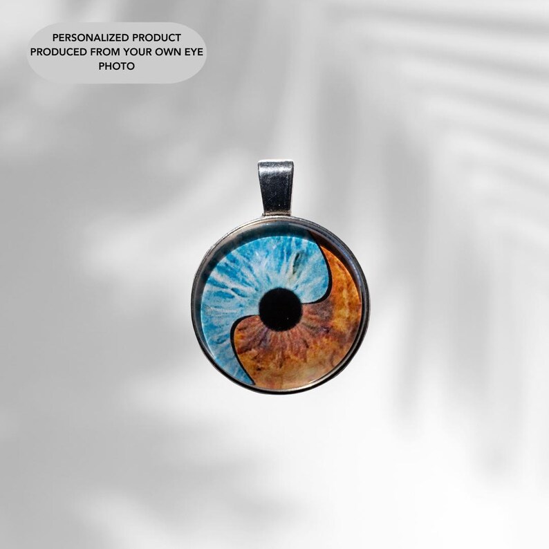 Op de afbeelding: Een zilveren hanger met een ronde glazen bedel met een blauw en bruin oogontwerp. Het oog is in twee&euml;n gedeeld, met een blauwe helft en een bruine helft.