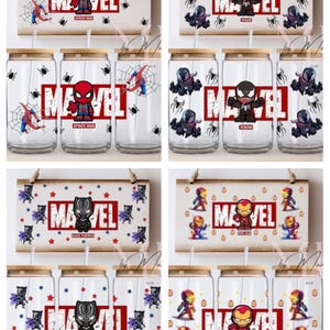 FYSIEKE UV-DTF 16 oz bekerverpakking • Superhelden Spider Guy Iron Guy • Klaar om transferprint aan te brengen voor elk hard oppervlak