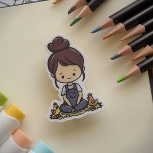 Pegatina de chica granjera / Pegatina de vinilo mate troquelado / Pegatina resistente al agua / Pegatina bonita / Pegatina para diario / Pegatina "Días en la granja con Tay"