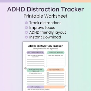 Könnte beinhalten: Ein druckbares Arbeitsblatt zum Verfolgen von Ablenkungen bei ADHS mit farbenfrohem Design. Das Arbeitsblatt enthält Abschnitte zum Verfolgen von Ablenkungen, zur Verbesserung der Konzentration und zur Wiedergewinnung des Fokus. Der Text enthält "Ablenkungen verfolgen".