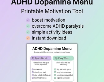ADHD Dopamine Menu Printable, ADHD Task Paralysis Tool, Motivation Reset Worksheet, Neurodivergent Productivity Planner,Instant Download PDF