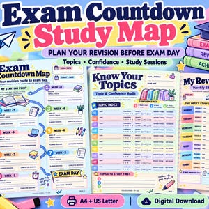Puede incluir: Un conjunto de tres hojas de planificación de estudio imprimibles tituladas Exam Countdown Study Map, Know Your Topics y My Revision Week. Las páginas coloridas incluyen secciones para seguir el progreso semanal y las sesiones de estudio.
