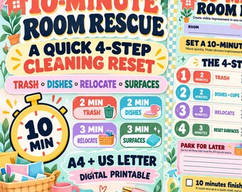 Lista de limpieza imprimible / Rescate de habitaciones en 10 minutos, Planificador de limpieza rápida, Hoja de trabajo para la puesta a punto del hogar, PDF tamaño A4 + Carta estadounidense
