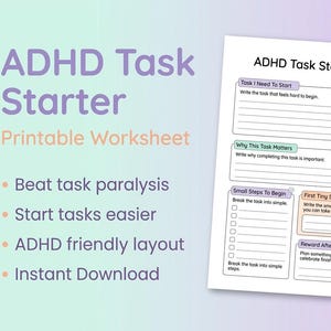Puede incluir: Una hoja de trabajo imprimible de ADHD Task Starter con un diseño púrpura y blanco. La hoja de trabajo incluye secciones para desglosar tareas, identificar el primer paso y recompensar la finalización. El texto incluye "Beat task paralysis" y "Instant Download."