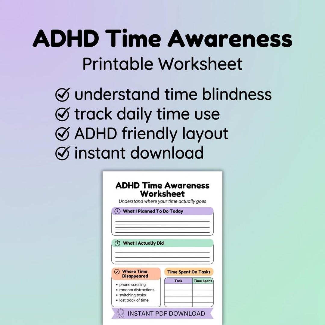 ADHD Time Awareness Worksheet Printable, Time Blindness Tracker, ADHD ...