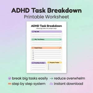 ADHD Task Breakdown Worksheet Printable, Break Tasks Into Steps Planner, ADHD Overwhelm Help, Executive Function Tool for Neurodivergent