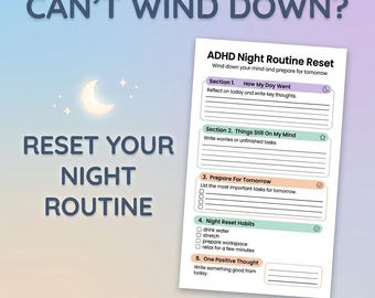 Planificador de rutina nocturna para TDAH imprimible, hoja de trabajo para el reinicio nocturno, herramienta de productividad para TDAH, apoyo a la función ejecutiva, herramienta para personas neurodivergentes