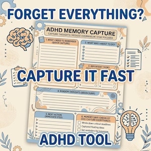 May include: ADHD memory capture tool with the text "Forget Everything?" and "Capture It Fast." The notepad has sections for quick capture, tasks, and random thoughts. A brain graphic and lightbulb are also featured.