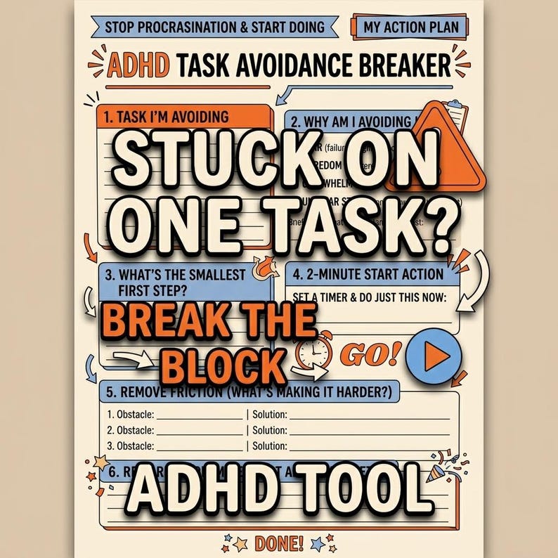 May include: A beige poster titled "ADHD Task Avoidance Breaker" with orange and blue details. The poster features the text "STUCK ON ONE TASK?" and "BREAK THE BLOCK". It provides prompts to address task avoidance and includes a section labeled "ADHD TOOL".