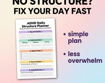 Planificador de estructura diaria para TDAH imprimible, hoja de trabajo para pasar del agobio a la rutina, planificador de reinicio diario simple, herramienta de función ejecutiva en PDF