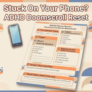 ADHD Doomscroll Reset Printable, Stop Phone Addiction, Screen Time Control Worksheet, Focus Recovery Tool, Executive Function Help