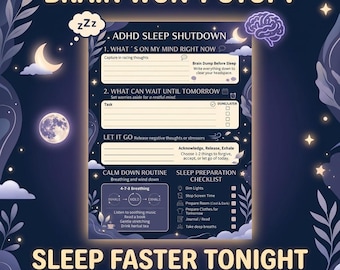 Imprimible para el sueño en el TDAH, Herramienta para dejar de pensar demasiado por la noche, Hoja de trabajo para calmar la mente antes de dormir, Ayuda para la disfunción ejecutiva en PDF, Incapacidad para dormir en el TDAH