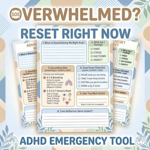 Peut inclure: Outil d'urgence TDAH avec le texte "OVERWHELMED? RESET RIGHT NOW." Il comprend des sections pour identifier les sentiments, des techniques d'ancrage et une liste de contrôle pour ralentir. Le design est bleu clair et blanc.