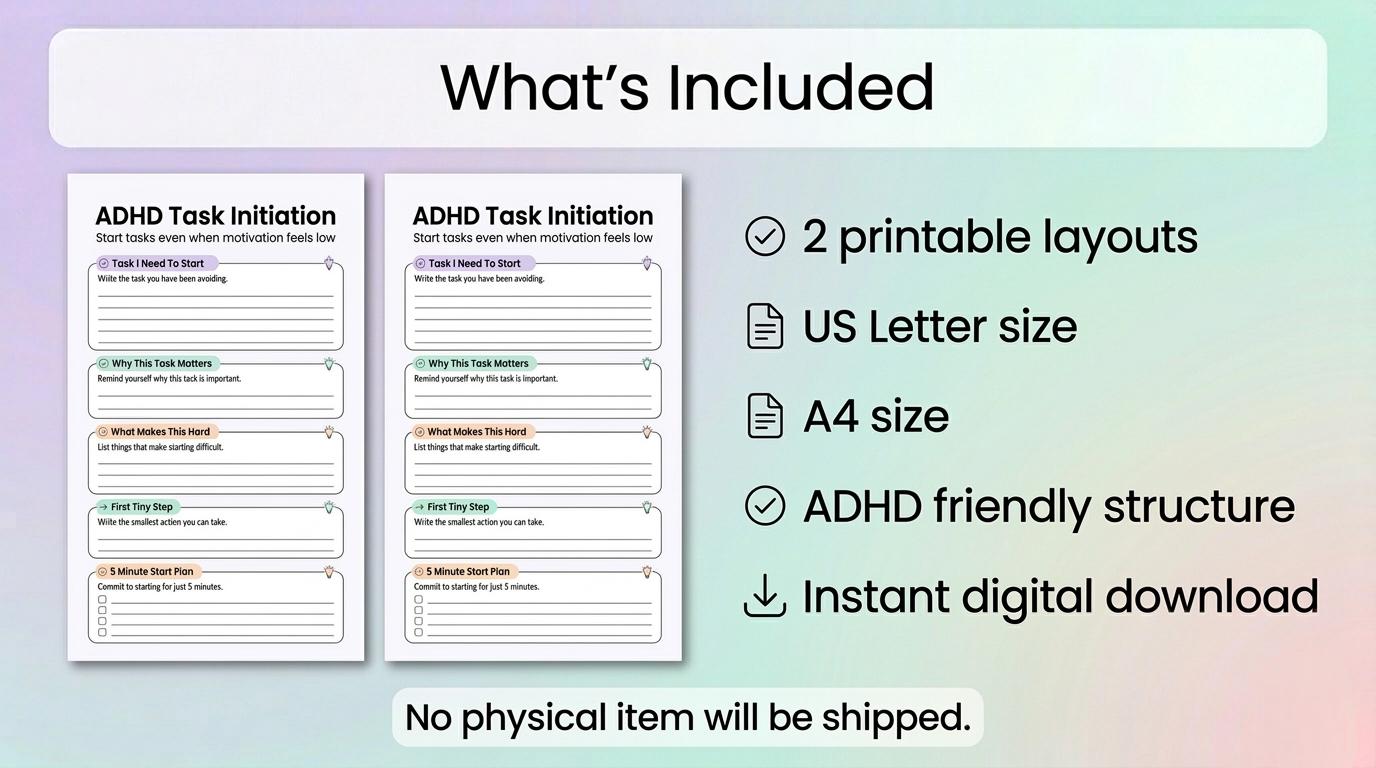 ADHD Task Initiation Worksheet Printable, Beat Task Paralysis Planner ...