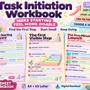 ADHD Task Initiation Workbook | 8-Page Task Starter Planner, 5-Minute Launch, Task Breakdown & Executive Function Tools, A4 + US Letter