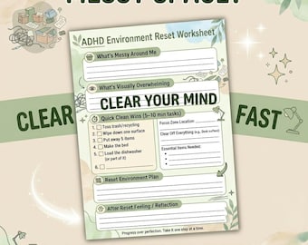 Plantilla imprimible para reiniciar el entorno del TDAH, hoja de trabajo para ordenar y concentrarse, herramienta para reiniciar el espacio mental, PDF de ayuda para la disfunción ejecutiva