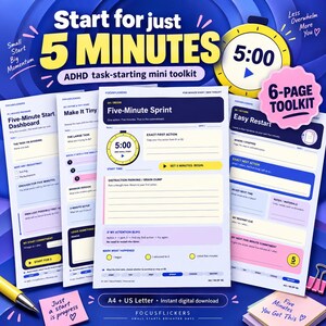May include: A six-page ADHD task-starting mini toolkit with a blue and yellow color scheme. The pages feature headers like Five-Minute Start Dashboard, Make It Tiny, Five-Minute Sprint, and Easy Restart, with prompts for task management and timers.