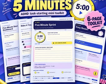 Can't Start a Task? 5-Minute ADHD Task Starter Toolkit, ADHD Planner Printable, Brain Dump & Easy Restart Worksheets