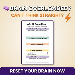 Könnte beinhalten: Ein weißes ADHD Brain Reset Arbeitsblatt mit Text wie "Brain Overloaded?" und "Can't Think Straight?". Das Arbeitsblatt hat Abschnitte zum Schreiben von Gedanken, was wichtig ist und einen schnellen Brain Reset.