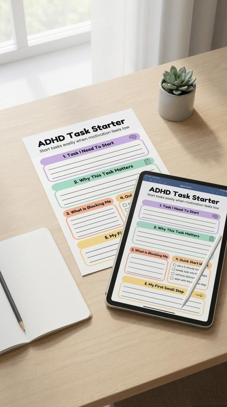 ADHD Task Starter Worksheet Printable, ADHD Task Paralysis Help ...