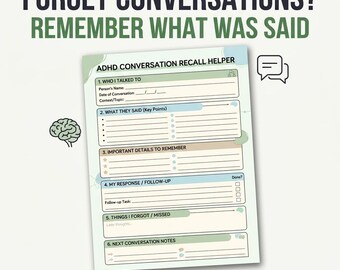 Hoja de trabajo imprimible para recordar conversaciones en personas con TDAH, ayuda para olvidar conversaciones, herramienta de apoyo a la memoria, notas sociales para personas con disfunción ejecutiva en formato PDF.