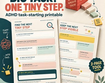 Big Task? Find the Next Tiny Step | ADHD Task Starter Worksheet, ADHD Planner Printable, Task Breakdown & Next Action PDF
