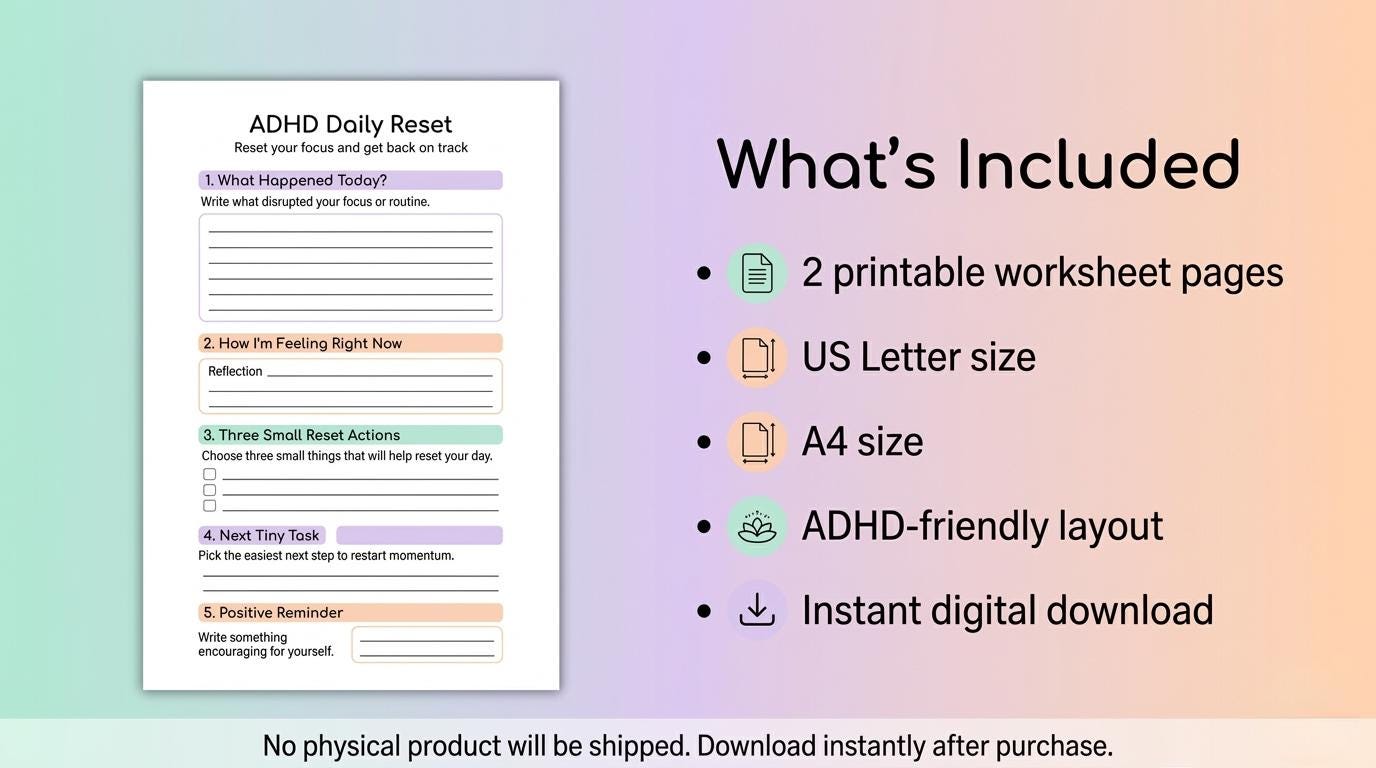 ADHD Daily Reset Worksheet Printable, Back on Track Planner, ADHD ...